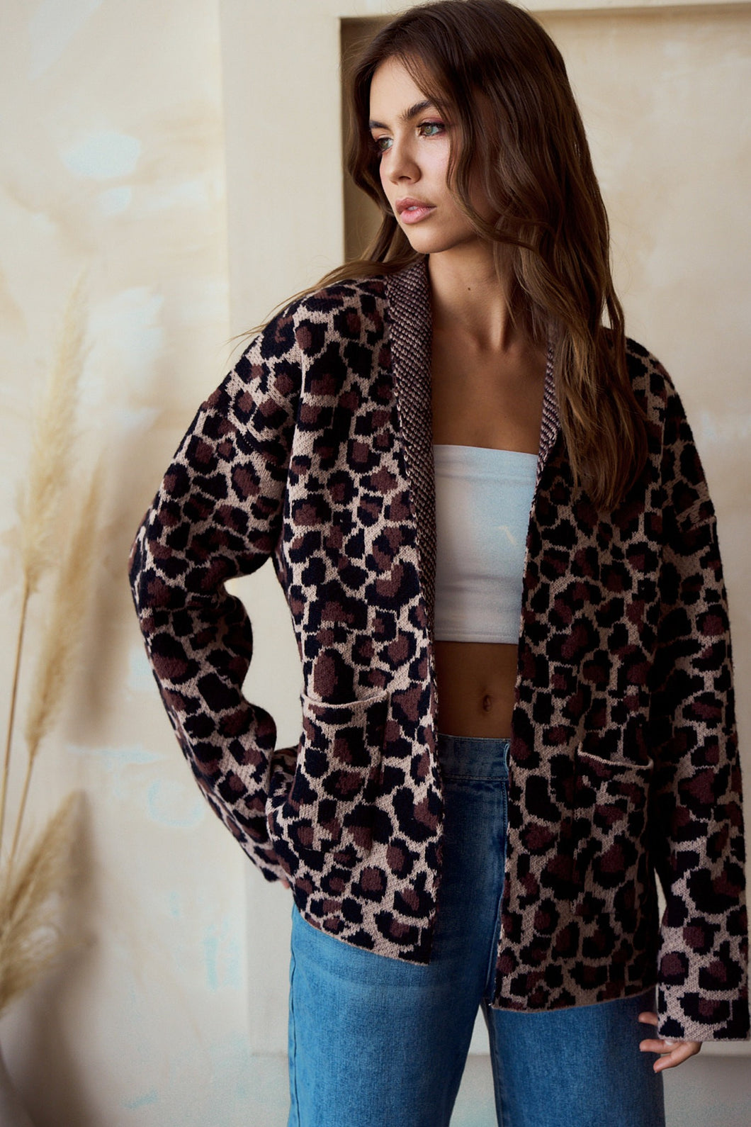 LovLov Open Front Sweater Knit Cardigan in Leopard Mocha ON ORDER