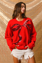 Load image into Gallery viewer, BiBi Solid Color Knit Sweater with Large Sequin Bow Front in Red
