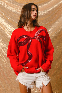 BiBi Solid Color Knit Sweater with Large Sequin Bow Front in Red