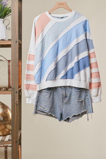 mello. Colorblock Textured Stripe Pullover Top in Off White