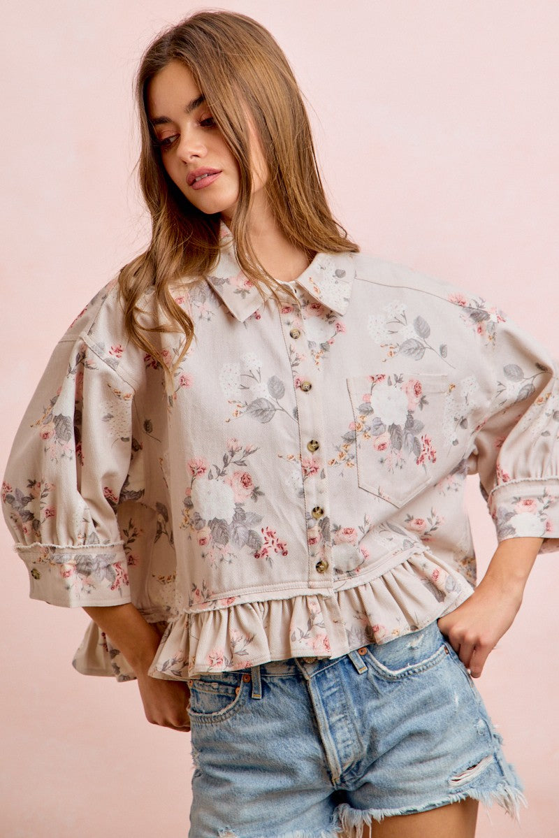 BiBi Floral Ruffle Hem Button-Up Top – June Adel