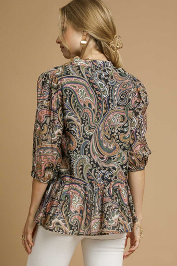Umgee Paisley Print Peplum Top in Black/Pink
