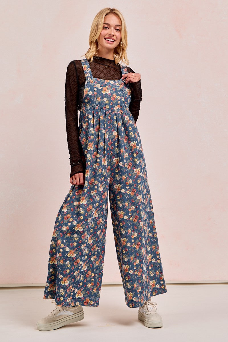 ボトムス・スパッツ apolina bibi dungaree BiBi Floral Print Denim Wide Leg Jumpsuit in Denim – June Adel