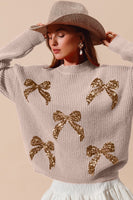 So Me Christmas Ribbon Bow Sequin Sweater in Taupe/Gold