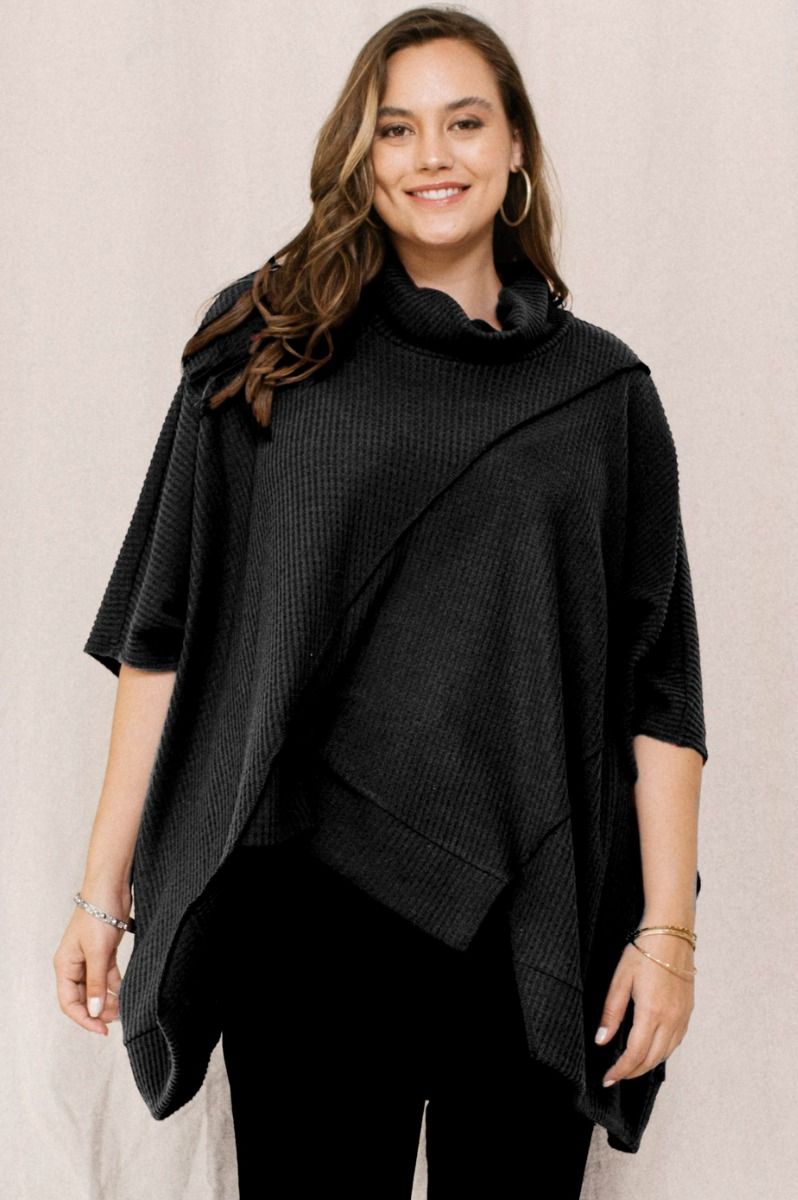 Oddi OVERSIZED Solid Color Brushed Waffle Knit Top in Black