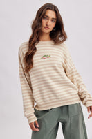 Wishlist Striped Fish Coastal Graphic Crew Neck Sweater in Taupe/Sand