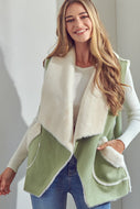 E Luna Open Front Faux Suede Vest in New Olive