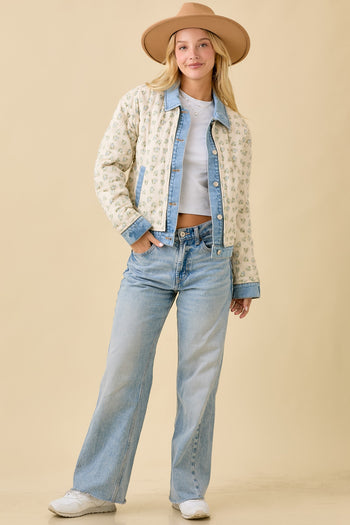 Main Strip Quilted Floral Print and Denim Jacket in Ivory/Blue
