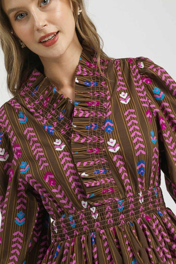 Umgee Stripped Floral Print Midi Dress in Brown Mix