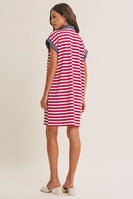 In February Yacht Club Relaxed Fit Casual Stripe Polo Mini Dress in Burgundy/Cream