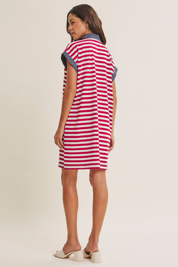 In February Yacht Club Relaxed Fit Casual Stripe Polo Mini Dress in Burgundy/Cream