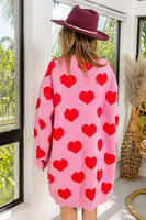 BiBi Heart Pattern Knit Long Cardigan in Pink/Red