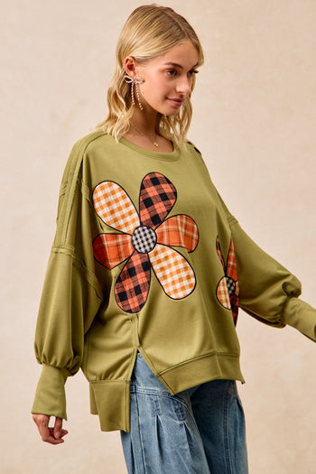 BiBi OVERSIZED Mixed Plaid Flower Patched French Terry Top in Olive