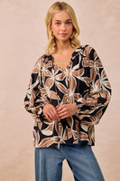 BiBi Bold Floral Print Exaggerated Balloon Sleeve Top in Black/Mocha