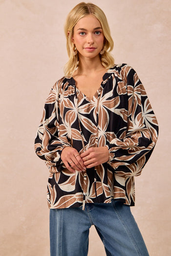BiBi Bold Floral Print Exaggerated Balloon Sleeve Top in Black/Mocha