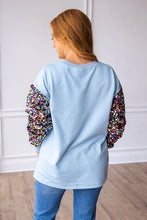 Load image into Gallery viewer, Grace+Emma Solid Color Nutcracker Print Top with Sequin Sleeves in Blue
