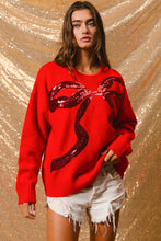 Load image into Gallery viewer, BiBi Solid Color Knit Sweater with Large Sequin Bow Front in Red
