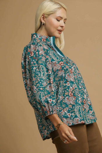 Umgee Mixed Floral Print Top in Teal Mix