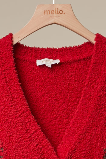mello. Christmas Tree Embroidered Soft Cardigan in Red