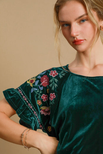 Umgee Velvet Top with Floral Embroidery in Hunter Green