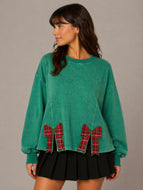 AnnieWear Mineral Washed Christmas Plaid Bow Embroidered Sweatshirt in Green