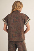 Jodifl Color Rib Band Contrast Zip Up Floral Top in Brown
