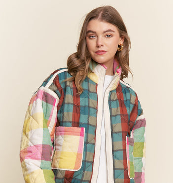 J.nna Multi Color Mixed Plaid Puffer Jacket in Rainbow Combo