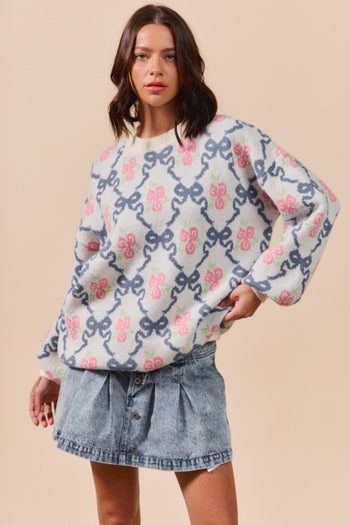 So Me Vintage Ribbon and Floral Knit Sweater in Blue Ribbon