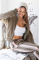 ee:some Lace Trim Mock Neck Zip Up Jacket in Olive Blush