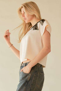 Davi & Dani Top with Bead Embellished Ribbon Patch in Cream Beige