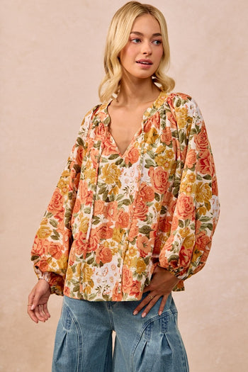 BiBi Rose Floral Mix Print Exaggerated Balloon Sleeve Top in Floral