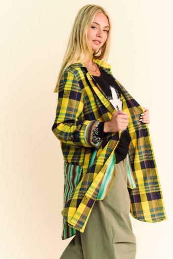 Davi & Dani Mixed Stripe and Plaid Button Down Tunic Top in Jade Multi