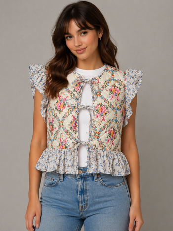 So Me Mixed Floral Print Quilted Vest in Cream Combo