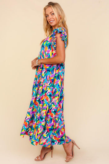 Haptics Abstract Print Tiered Maxi Dress in Royal/Green/Yellow