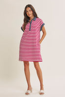 In February Yacht Club Relaxed Fit Casual Stripe Polo Mini Dress in Burgundy/Cream