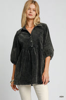 Umgee Stone Washed Corduroy Tunic Top in Ash
