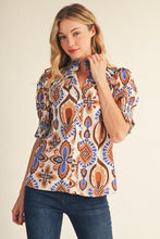 Load image into Gallery viewer, Jodifl Smocking Detail Boho Print Blouse in Off White/Blue
