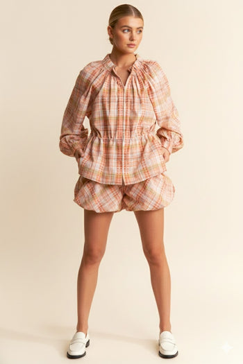 J.nna Plaid Pattern Front Zip Closure Top in Orange