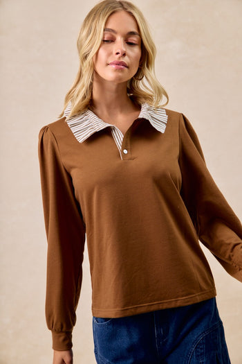 BiBi French Terry Top with Contrasting Striped Ruffle Collar in Dark Mocha