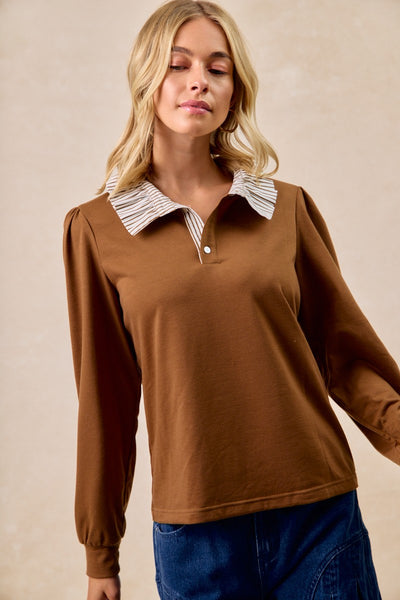 BiBi French Terry Top with Contrasting Striped Ruffle Collar in