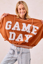 Load image into Gallery viewer, BiBi OVERSIZED French Terry Top with GAME DAY Letter Patchwork Front in Burnt Orange/White
