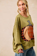 BiBi OVERSIZED Plaid Pumpkin Patch French Terry Top in Olive