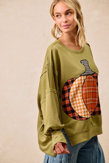 BiBi OVERSIZED Plaid Pumpkin Patch French Terry Top in Olive