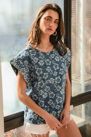 BiBi Textured Floral Top with Pearl Embellished Sleeve Cuffs in Denim