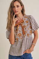 In February French Farm Bubble Sleeves Plaid Embroidered Babydoll Blouse in Dark Cobalt