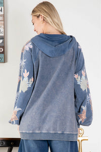 BlueVelvet Embroidered Sleeve Hooded Jacket in Washed Denim