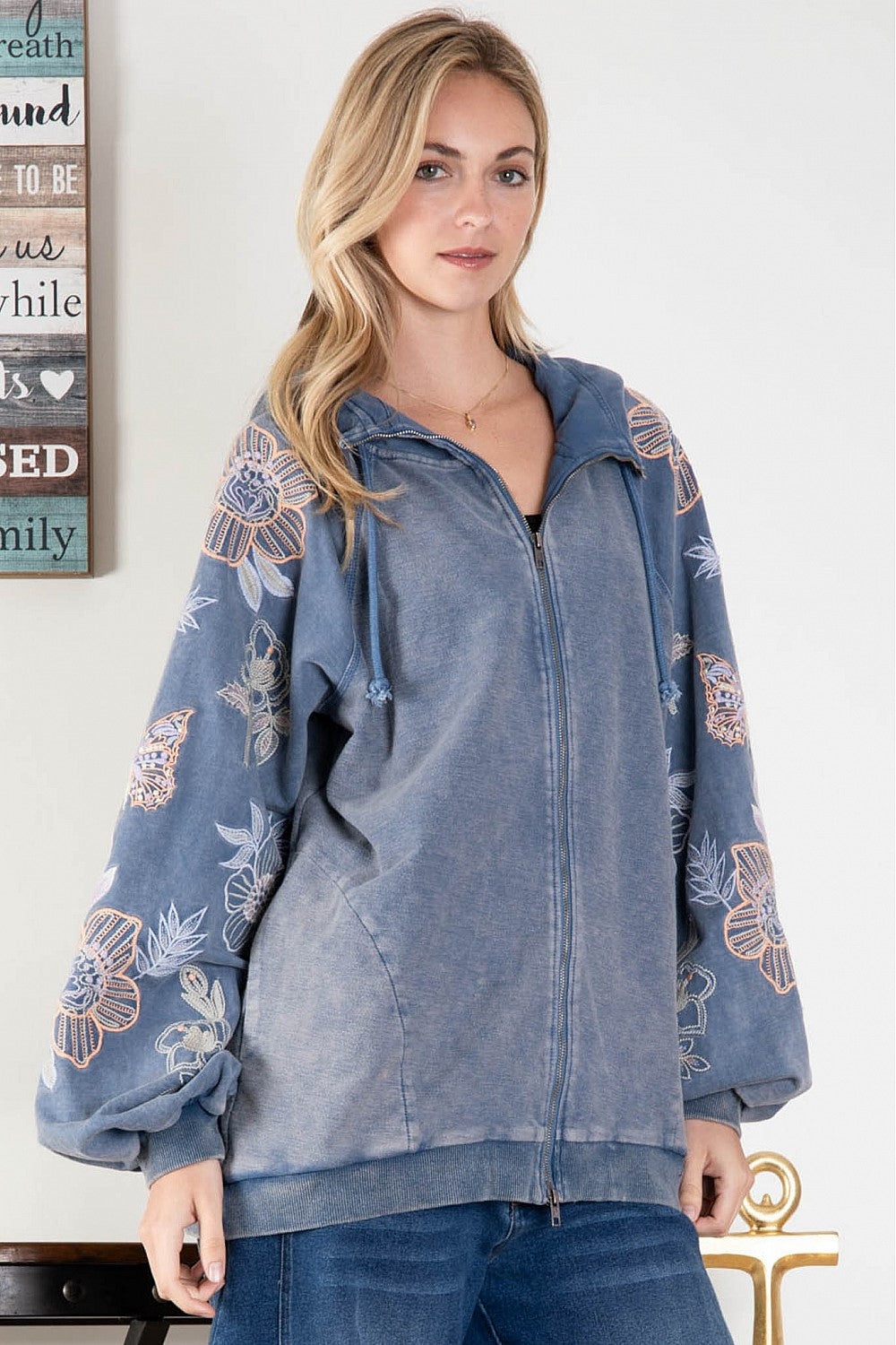 BlueVelvet Embroidered Sleeve Hooded Jacket in Washed Denim – June