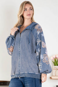 BlueVelvet Embroidered Sleeve Hooded Jacket in Washed Denim