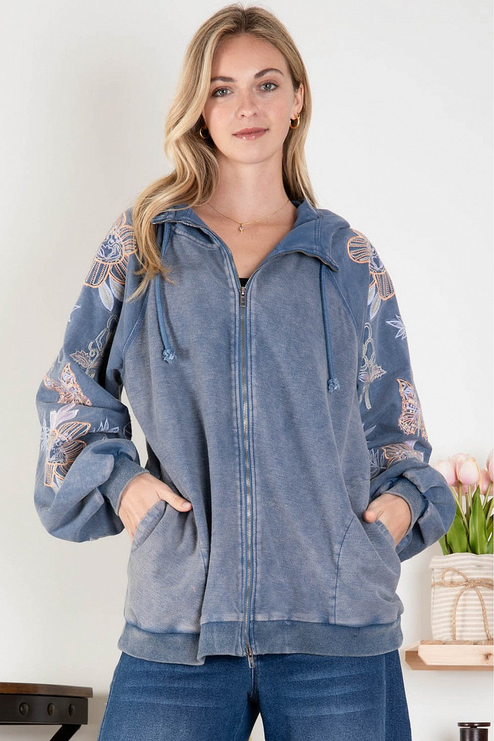 BlueVelvet Embroidered Sleeve Hooded Jacket in Washed Denim – June