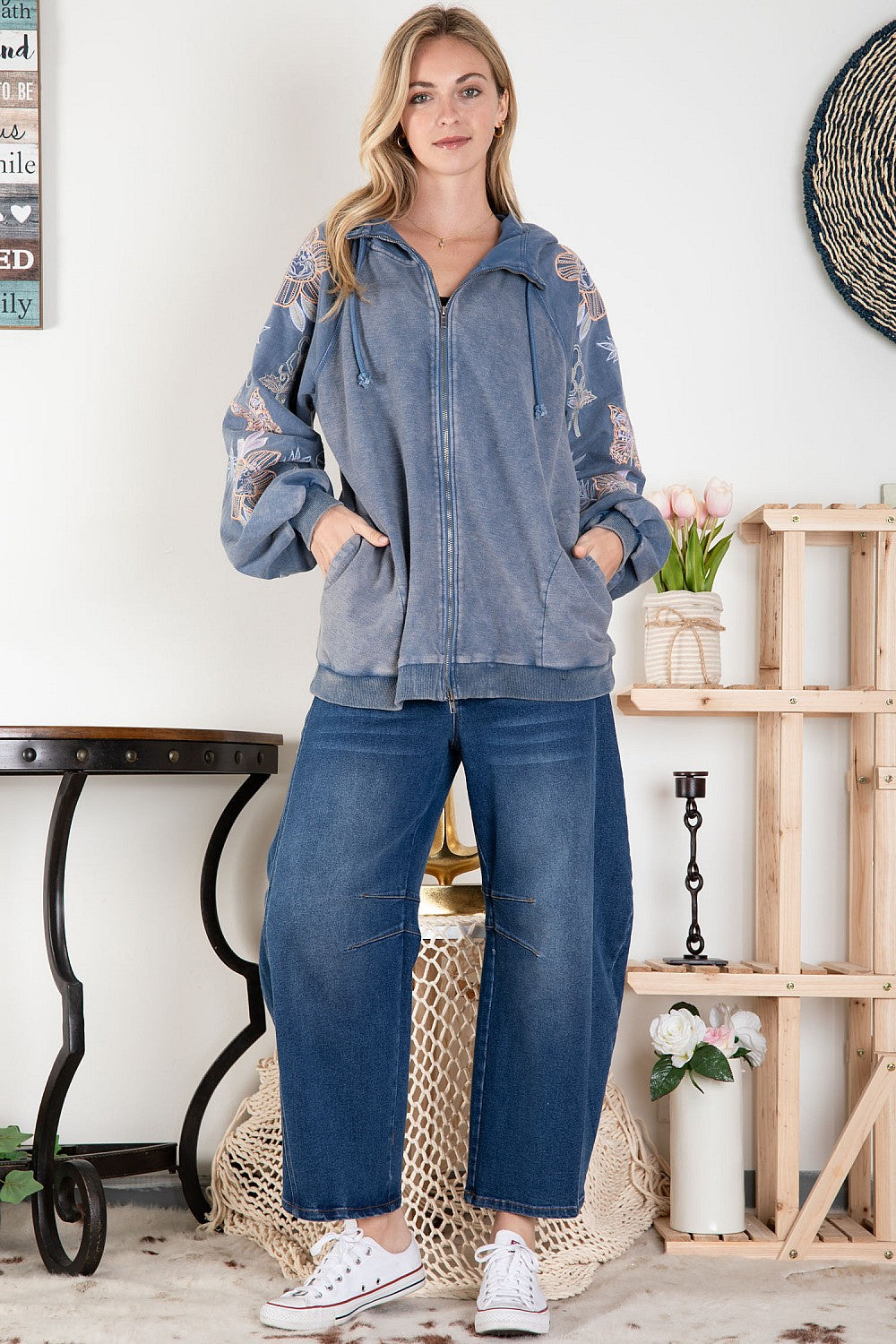 N*e様 arulee v-collar denim jacket BlueVelvet Embroidered Sleeve Hooded Jacket in Washed Denim – June